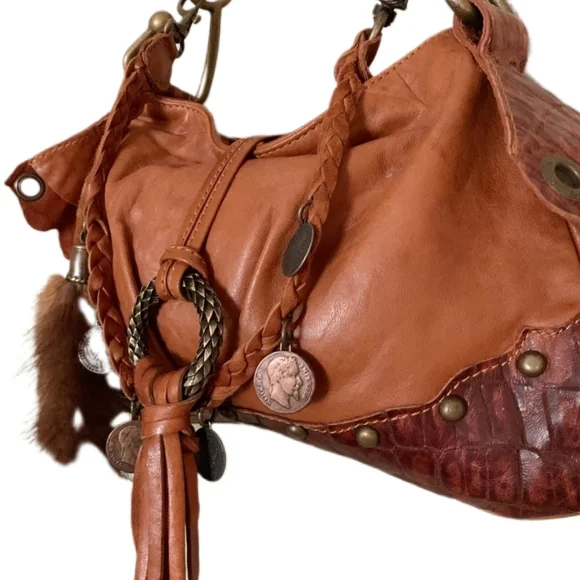 NWOT Rare Caterina Lucchi Boho Vintage Croc Leather with Coin Emb. Handbag - Picture 3 of 9